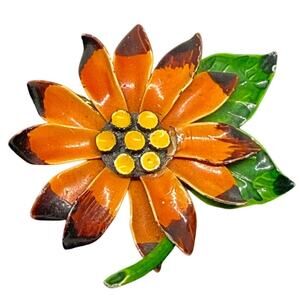 1970s Zion Orange Burst Enamel African Daisy Flower Brooch Pin